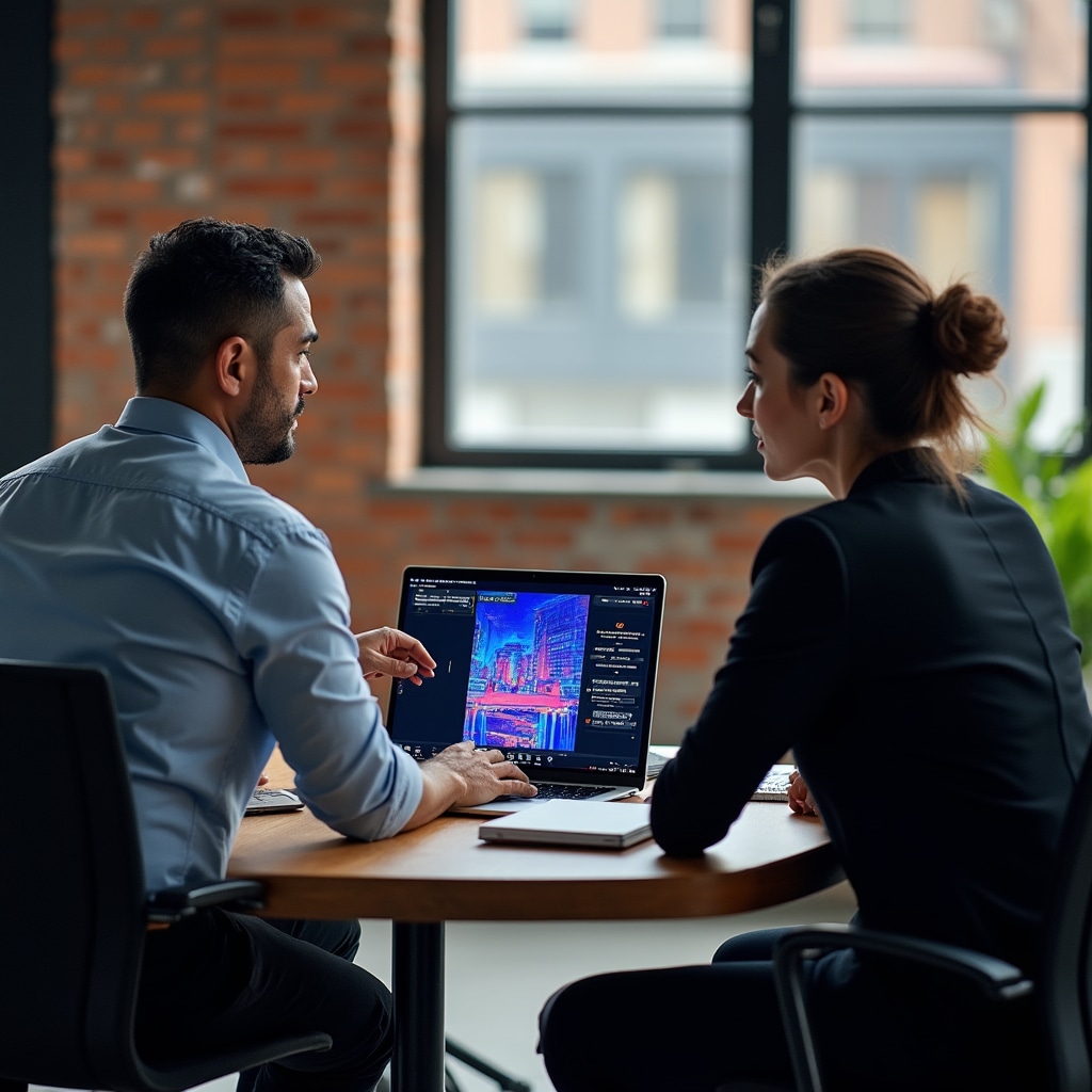 Building administrator reviewing thermal imaging results with leak detection technician in modern office setting