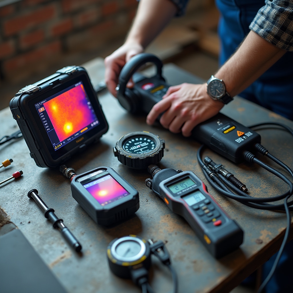 Array of specialized leak detection equipment including thermal camera, acoustic sensors, and pressure testing devices laid out on work surface