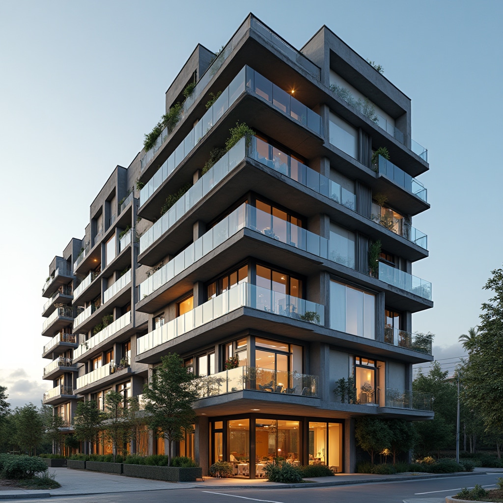 Modern high-rise residential building exterior showing multiple floors with balconies and complex plumbing infrastructure