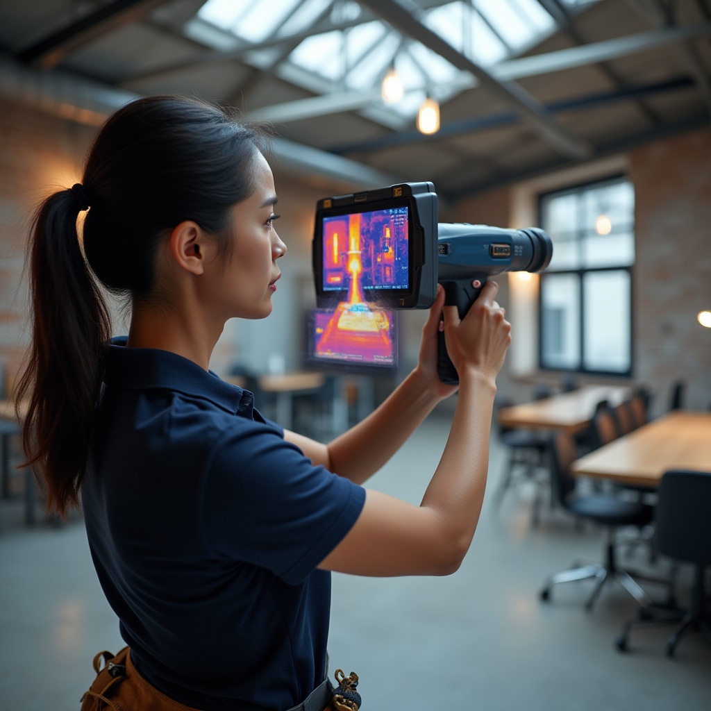 Inspector conducting thermal imaging scan of building plumbing system during preventive maintenance inspection