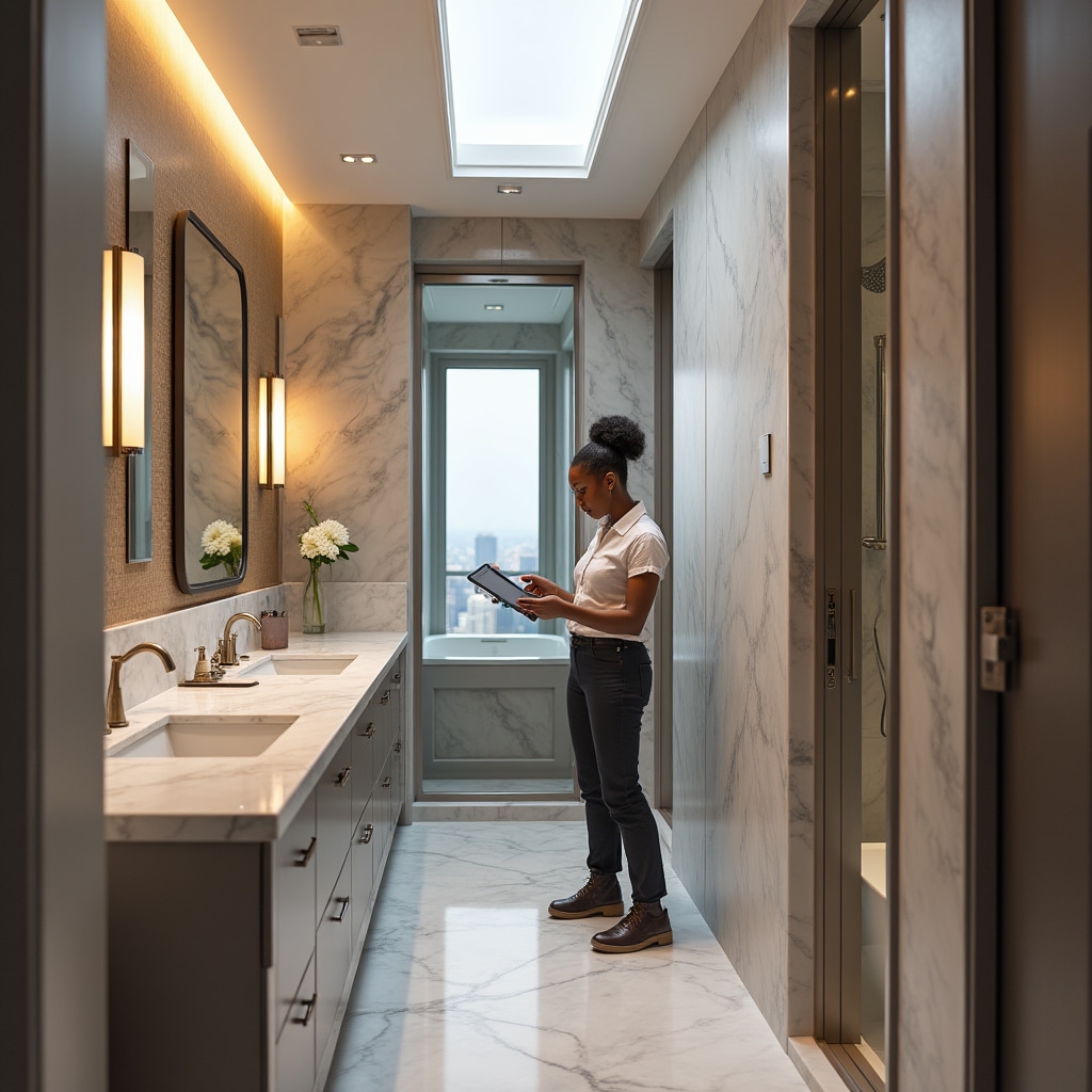Preventive maintenance inspection in luxury high-rise building with premium finishes and fixtures