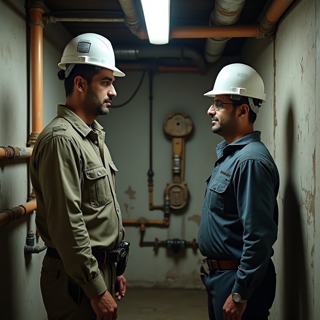 Maintenance inspection being conducted in older high-rise building with aging plumbing infrastructure