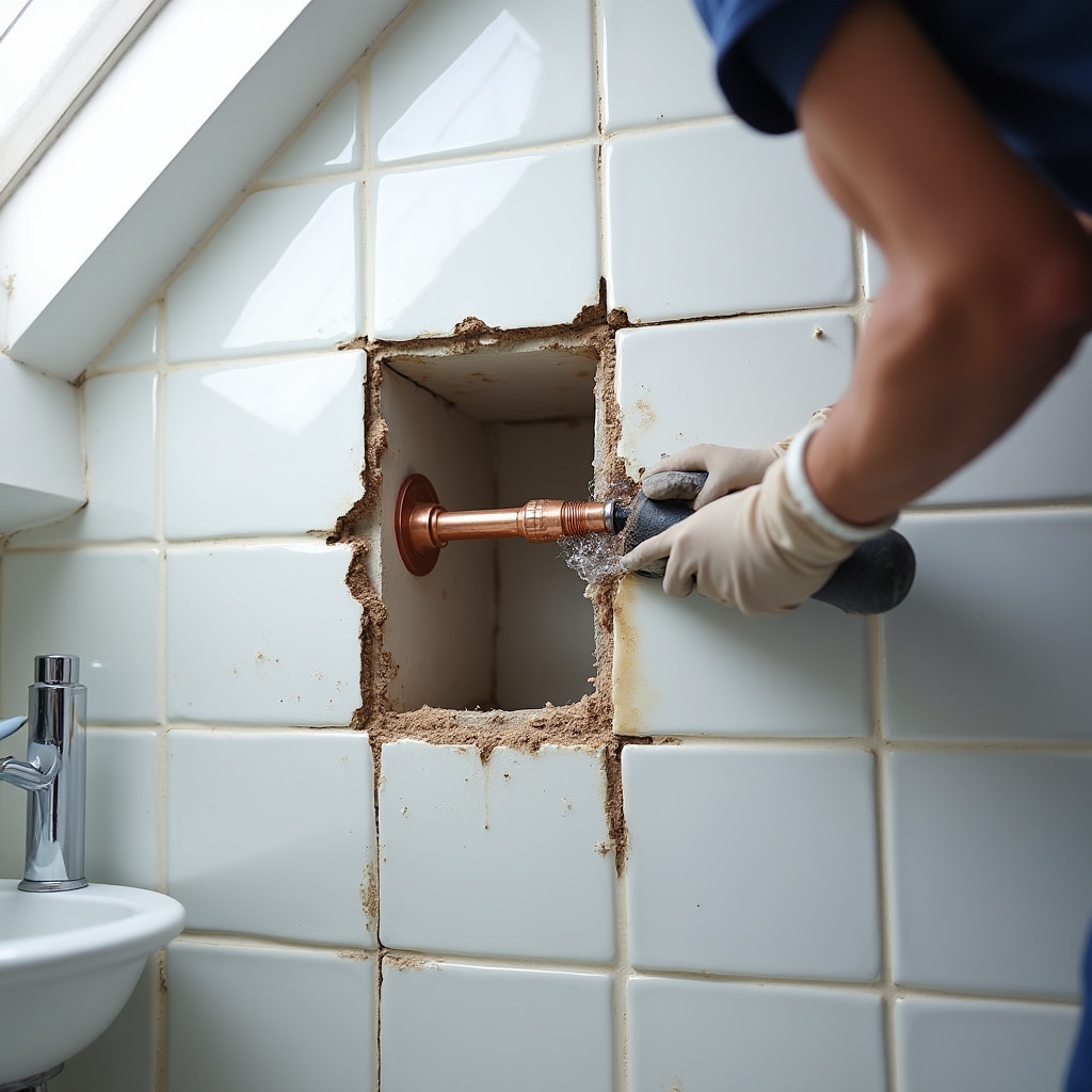 Technician making precise surgical opening in wall to access hidden pipe leak with minimal demolition