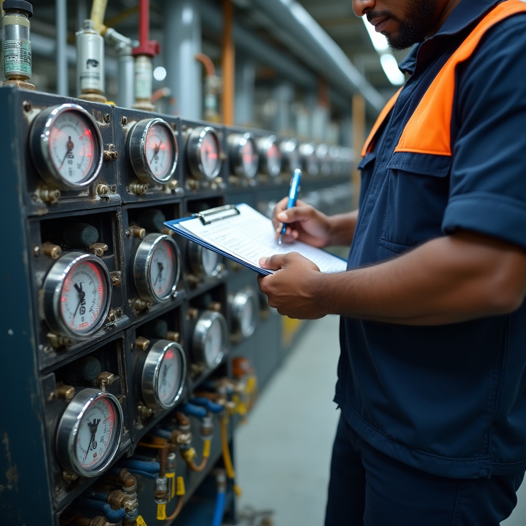 Professional pressure testing equipment connected to building plumbing system with digital gauges displaying readings