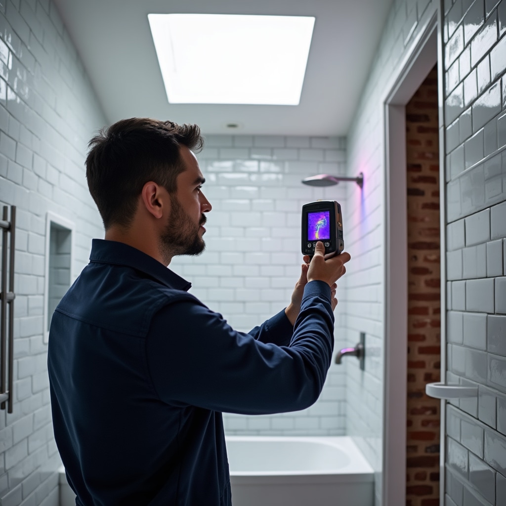 Technician using thermal imaging camera to detect temperature variations indicating hidden water leak behind wall